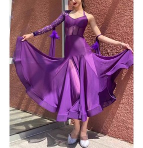 Women girls purple red lace one shoulder ballroom dance dresses waltz tango foxtrot rhythm stage performance long skirts for female